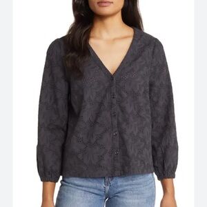 Marine‎ Layer dark grey embroidered button up blouse size Medium